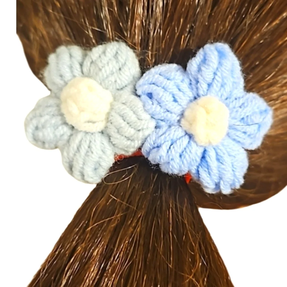 Hand Crafted TikTok Trend Hair Barrette Crocheted Puffy 2-Flowers Blue & White
